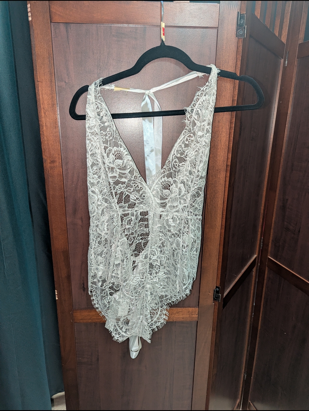 SHEIN White Lace Plunge Chemise Bodysuit